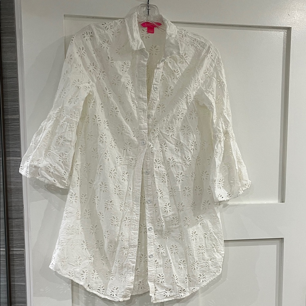 Lilly Pulitzer White Eyelet Button Down Tunic with Bell Sleeves Size XS